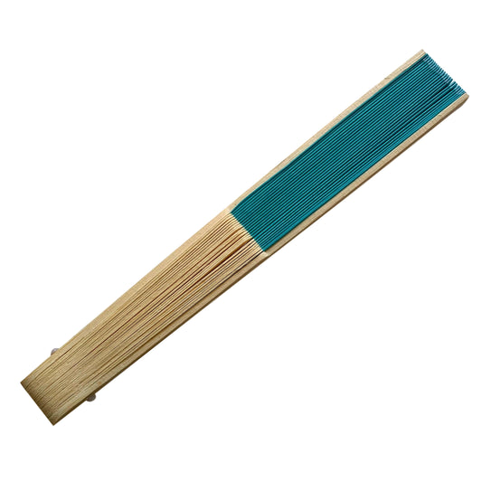 Turquoise Fabric Foldable Hand Held Bamboo Wooden Fan