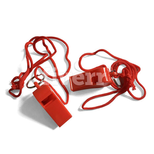 Pack of 15 Red Plastic Whistles with Lanyard