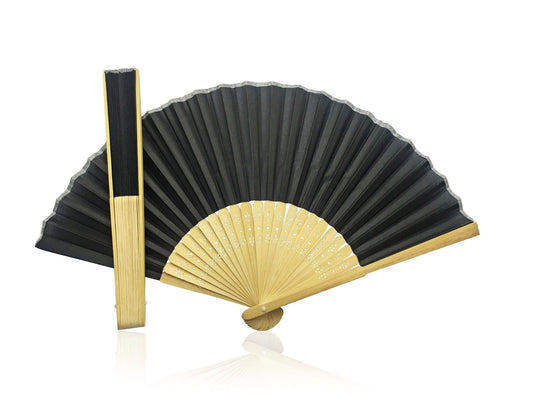 Black Fabric Hand Held Bamboo and Wooden Fan