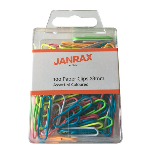 Pack of 100 Assorted Coloured 28mm Paper Clips in Hang Pack