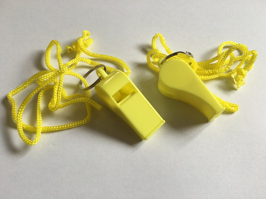 Pack of 15 Yellow Plastic Whistles with Lanyard Neck Cord