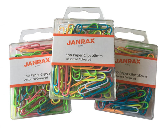 Pack of 100 Assorted Coloured 28mm Paper Clips in Hang Pack