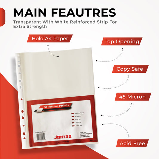 Pack of 50 A4 Glass Clear Punched Pockets by Janrax