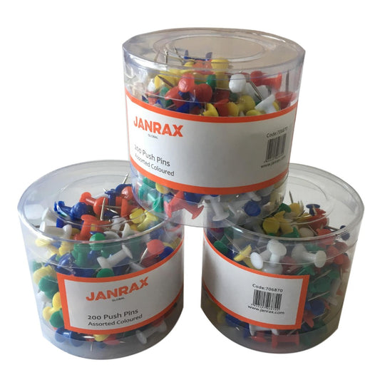 Pack of 200 Assorted Coloured Push Pins in Tub