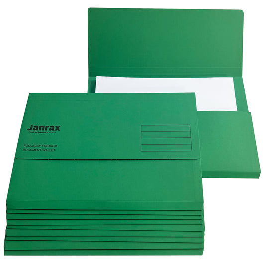 Pack of 10 Green Card Premium Foolscap Document Wallets