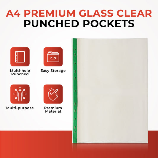 Pack of 100 A4 Premium Glass Clear Punched Pockets (90 Micron) - 708099