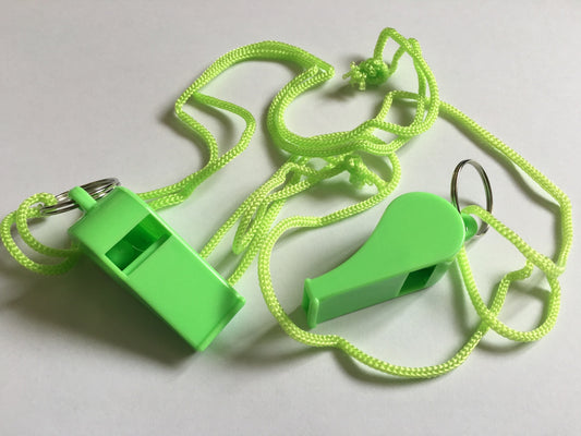 Pack of 15 Green Plastic Whistles with Lanyard Neck Cord