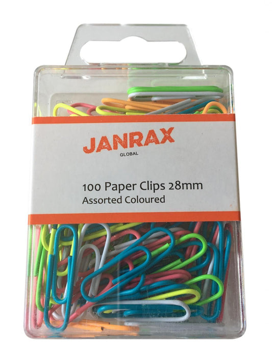 Pack of 100 Assorted Coloured 28mm Paper Clips in Hang Pack