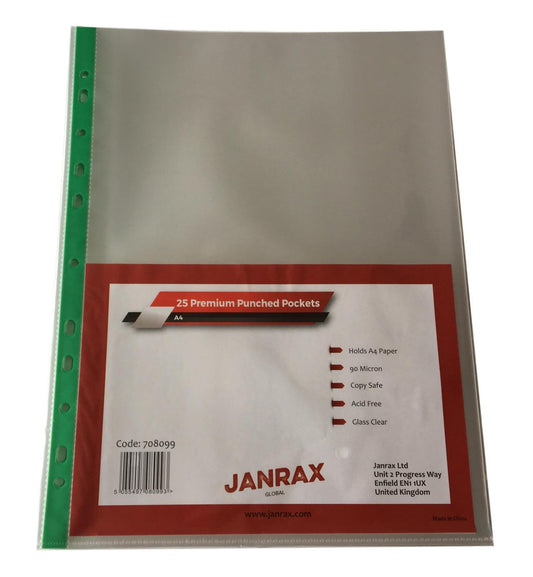 Pack of 100 A4 Premium Glass Clear Punched Pockets (90 Micron) - 708099