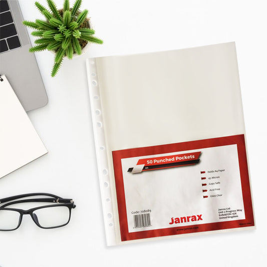 Pack of 50 A4 Glass Clear Punched Pockets by Janrax