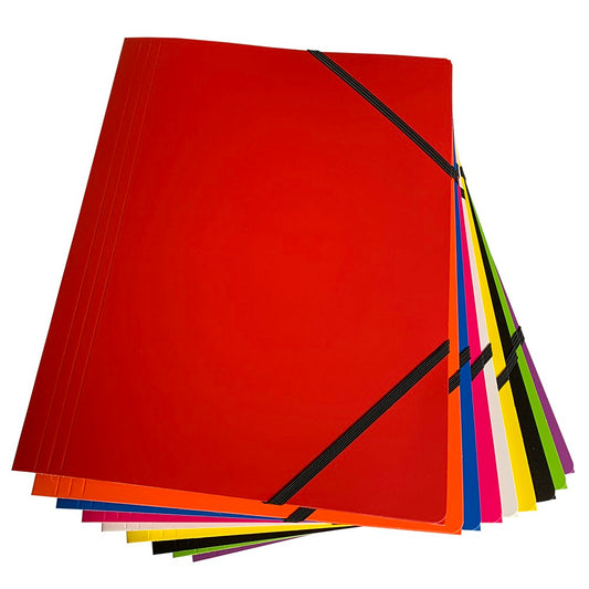 Pack of 12 Janrax A4 Assorted Colour Laminated Card 3 Flap Folders with Elastic Closure