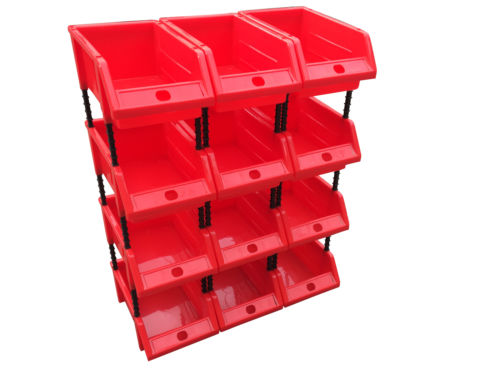 Small Stackable Red Storage Picking Bin with 4 Riser Stands and Label -