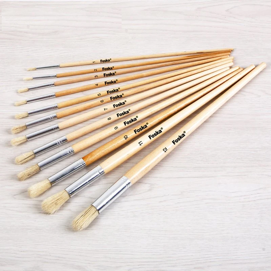 Pack of 12 Assorted Size Wooden Round Handle Bristle Hair Artist Paint Brush Set