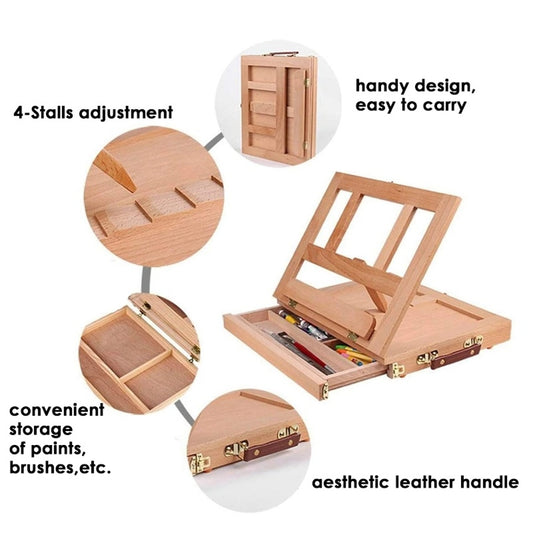 Desktop Art Beech Wood Painting Stand Display Easel with Storage 34.5 x 26 x 6.5cm