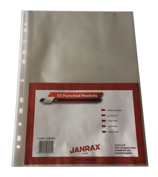 Pack of 50 A4 Glass Clear Punched Pockets by Janrax