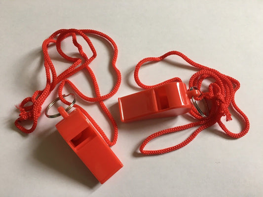 Pack of 15 Red Plastic Whistles with Lanyard