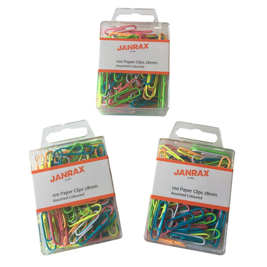 Pack of 100 Assorted Coloured 28mm Paper Clips in Hang Pack