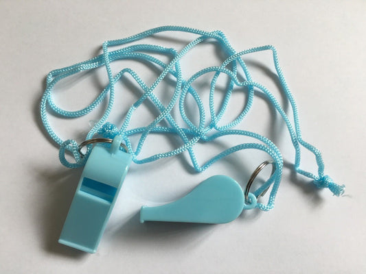 Pack of 15 Light Blue Plastic Whistles with Lanyard Neck Cord