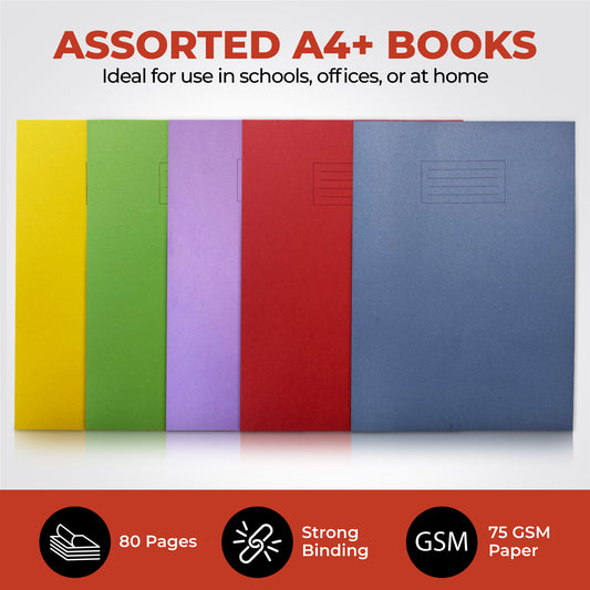 Pack of 10 Janrax A4+ Assorted 48 Page Feint Ruled and Margin Exercise Books WF Paper with 225gsm Manilla Cover 240x340mm Workbook