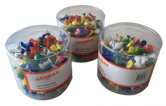 Pack of 200 Assorted Coloured Push Pins in Tub