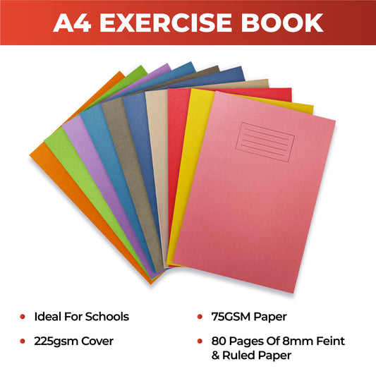 Janrax A4 Red 80 Page Feint Ruled with Margin Exercise Book WF Paper with 225gsm Manilla Cover