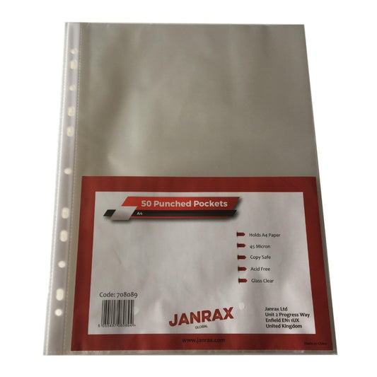 Pack of 50 A4 Glass Clear Punched Pockets by Janrax