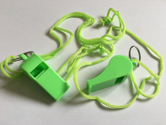Pack of 15 Green Plastic Whistles with Lanyard Neck Cord
