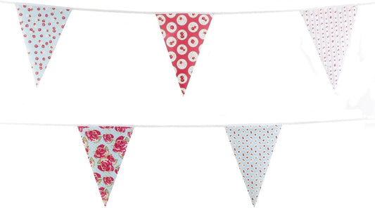 C1008 Red and Baby Blue Shabby Chic Vintage Print Bunting 10m with 20 Pennants