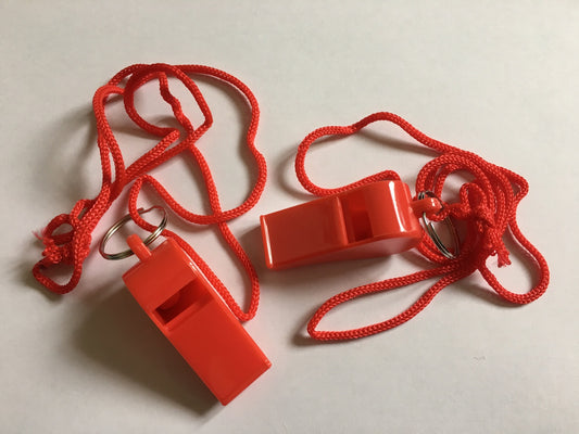 Pack of 15 Red Plastic Whistles with Lanyard