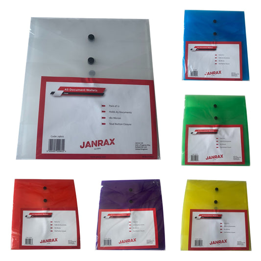 Pack of 12 Janrax A5 Assorted Document Wallets - Button Stud Folder