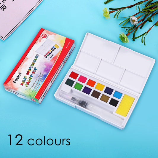 Pack of 12 Solid Watercolour Paint Set with Fountain Pen