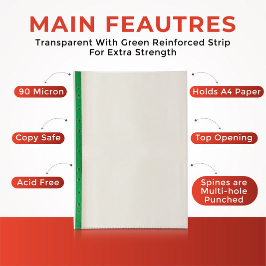 Pack of 100 A4 Premium Glass Clear Punched Pockets (90 Micron) - 708099