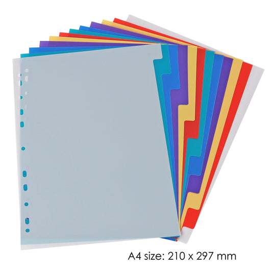 A4 12 Part Plastic Coloured Tab Index Dividers