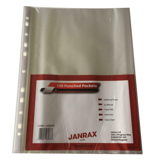 Pack of 100 A4 Glass Clear Punched Pockets by Janrax 
