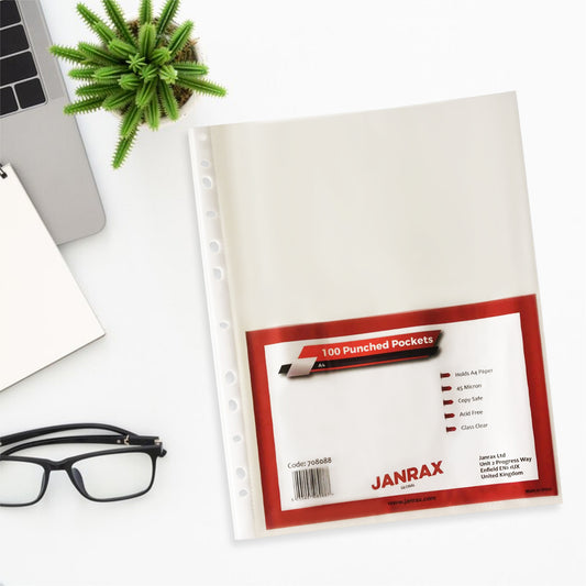 Pack of 100 A4 Glass Clear Punched Pockets by Janrax 