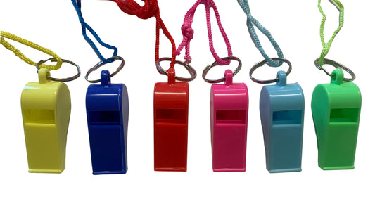 Bag of 100 Pink Plastic Whistles with Lanyard Neck Cord