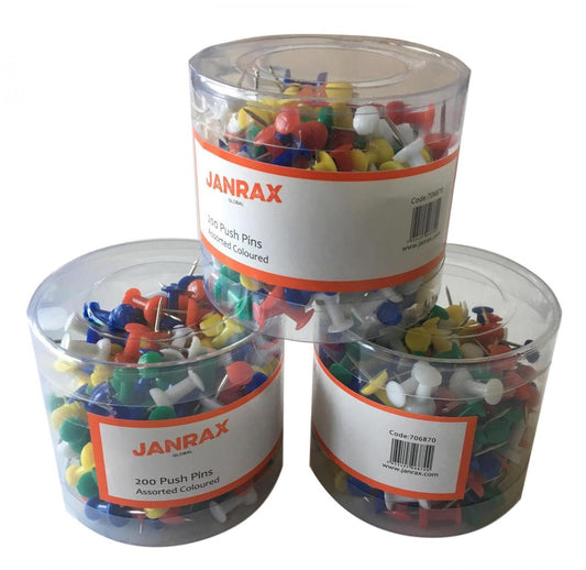 Pack of 200 Assorted Coloured Push Pins in Tub