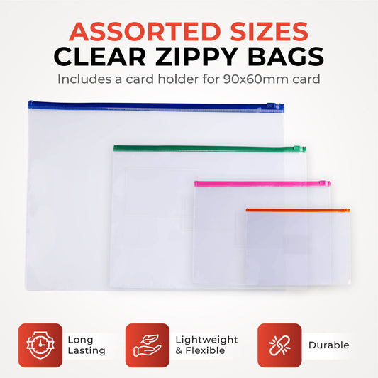 Pack of 12 A6 Clear Zippy Bags with Pink Zip