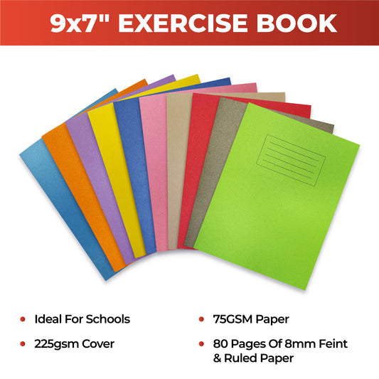 Pack of 10 Janrax 9x7" Assorted 80 Page Feint Ruled with Margin Exercise Books WF Paper with 225gsm Manilla Cover